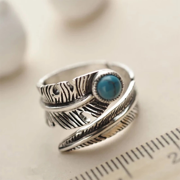 LAST! NEW 925 Sterling Silver Feather  Turquoise Ring |  Adjustable Size - Picture 2 of 16